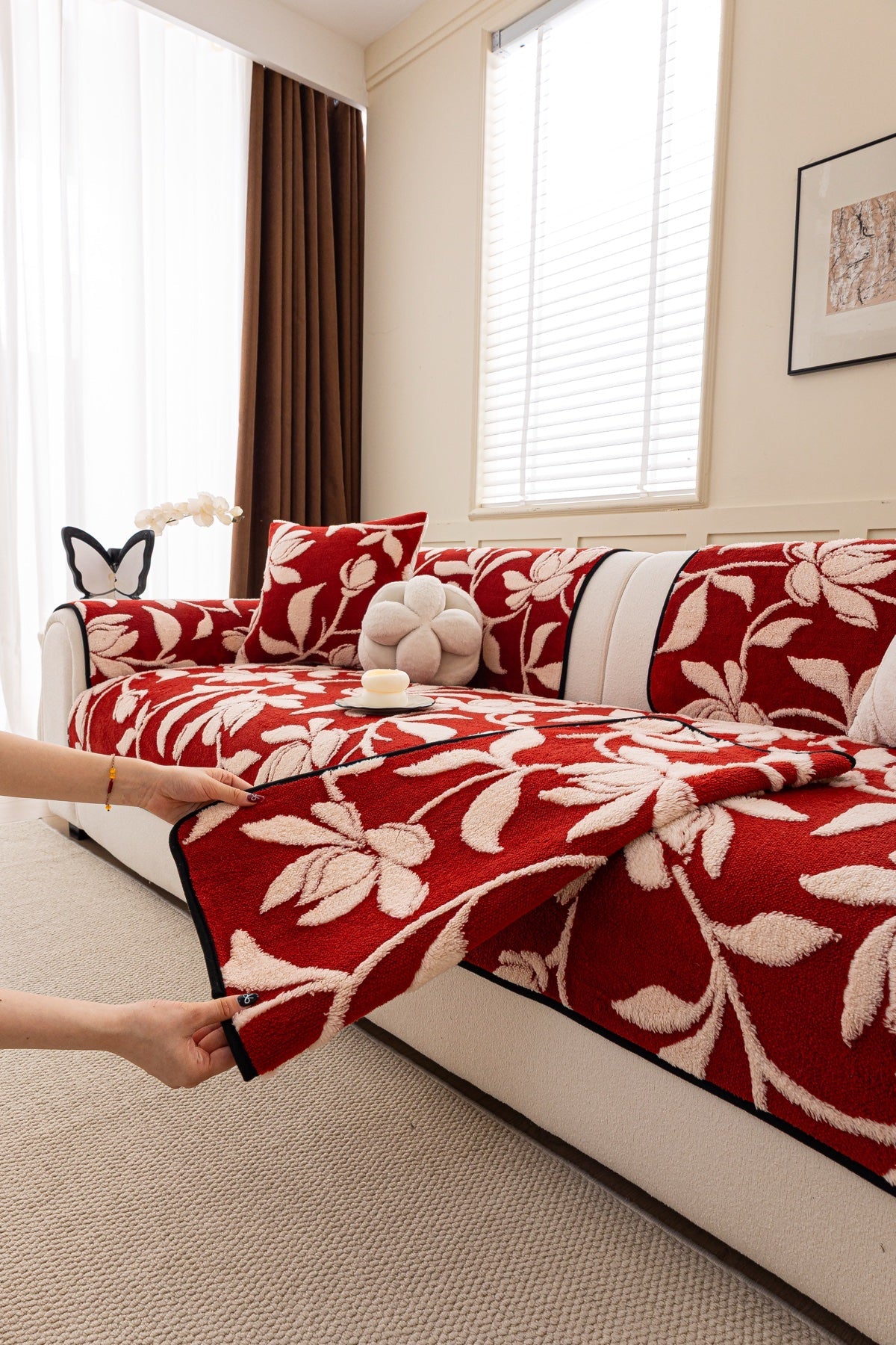 Sofa Decor Willow Quilted Leaf Sofa Seat Cover in Ruby Leaf - styled sofa seat cover for quilted sofa seat covers in the UK
