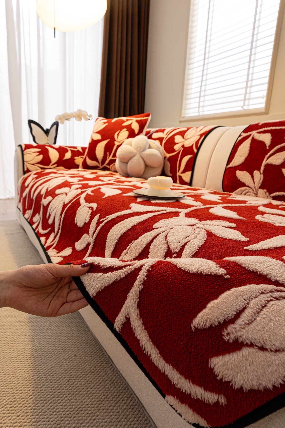 Sofa Decor Willow Quilted Leaf Sofa Seat Cover in Ruby Leaf - styled sofa seat cover for quilted sofa seat covers in the UK