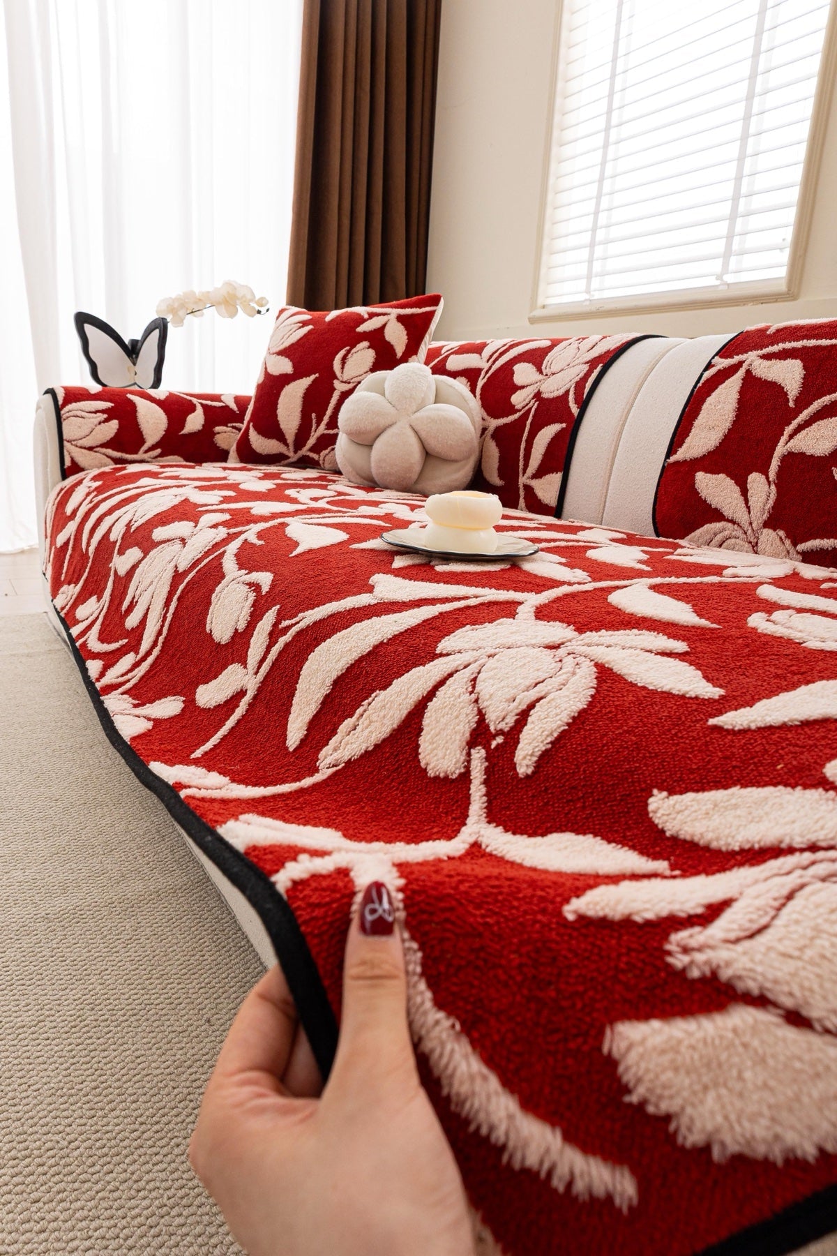 Sofa Decor Willow Quilted Leaf Sofa Seat Cover in Ruby Leaf - styled sofa seat cover for quilted sofa seat covers in the UK