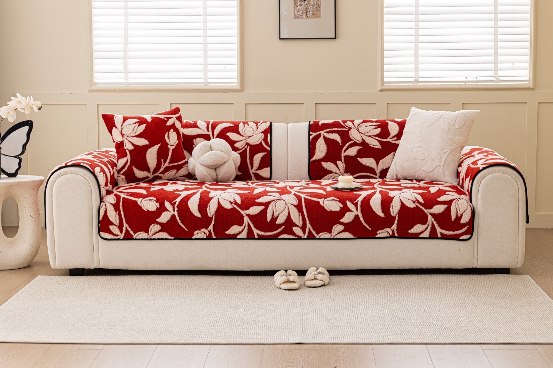 Sofa Decor Willow Quilted Leaf Sofa Seat Cover in Ruby Leaf - front sofa fit view for quilted sofa seat covers in the UK