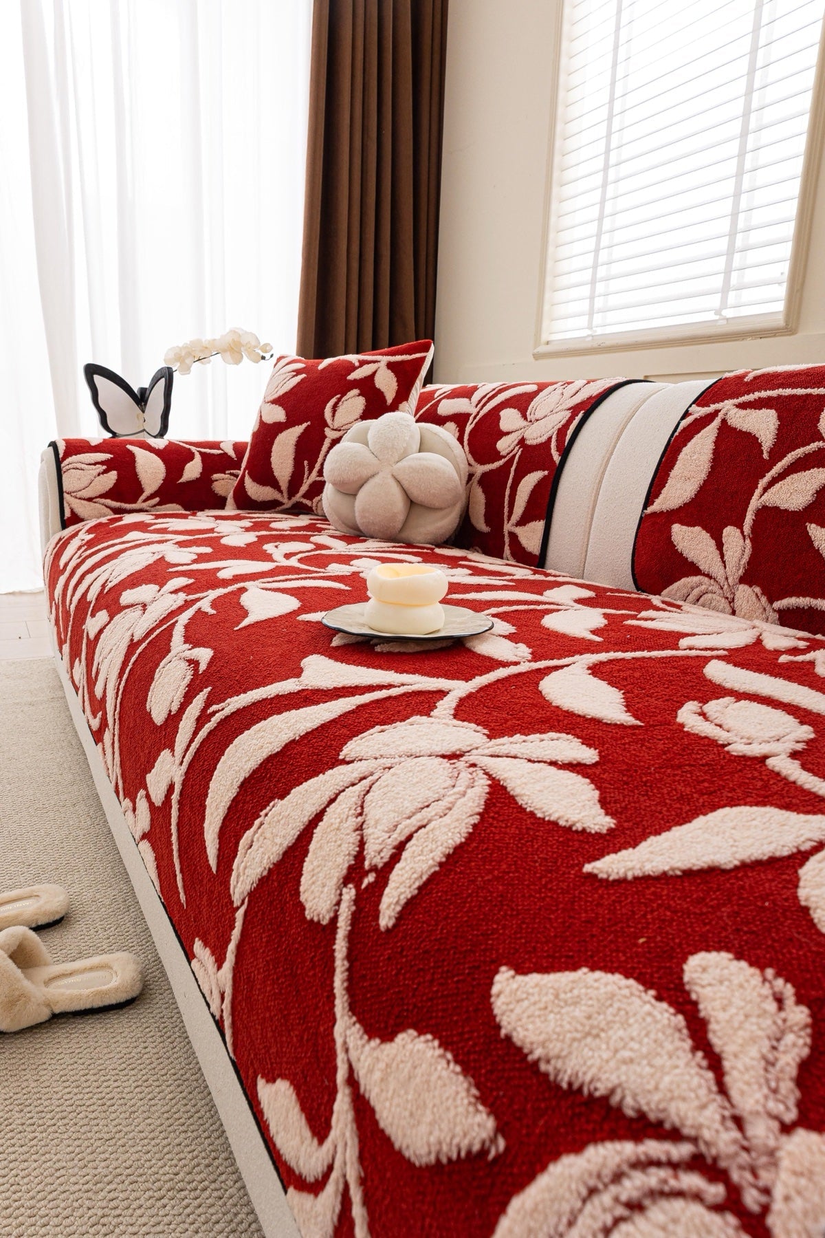 Sofa Decor Willow Quilted Leaf Sofa Seat Cover in Ruby Leaf - styled sofa seat cover for quilted sofa seat covers in the UK