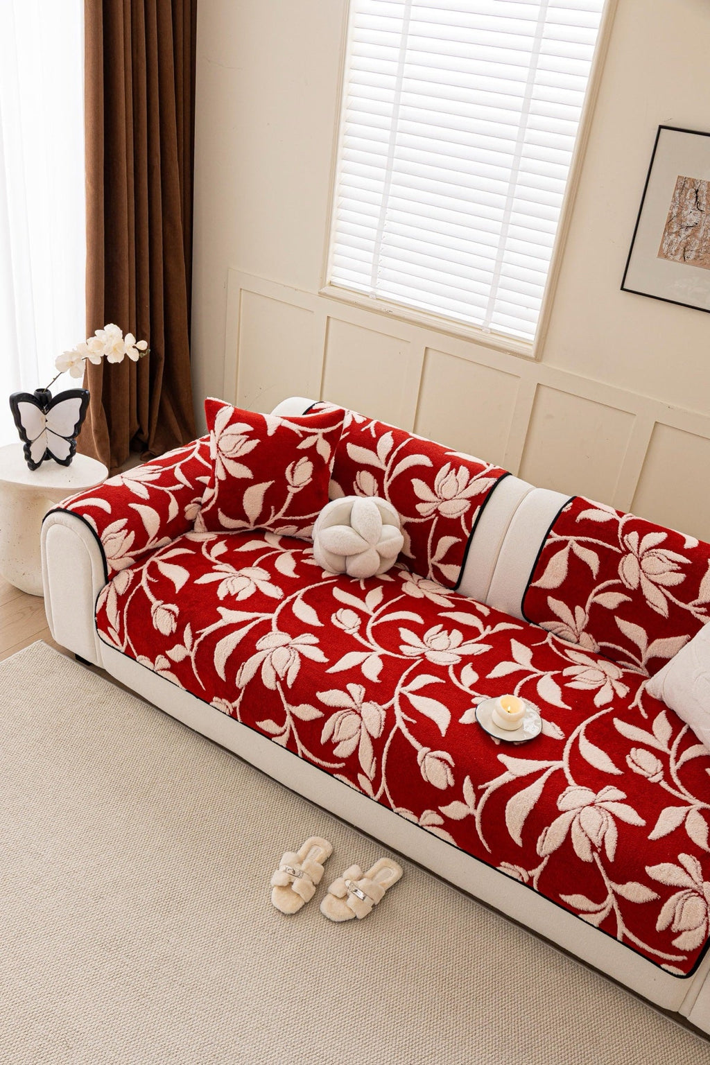 Sofa Decor Willow Quilted Leaf Sofa Seat Cover in Ruby Leaf - styled sofa seat cover for quilted sofa seat covers in the UK