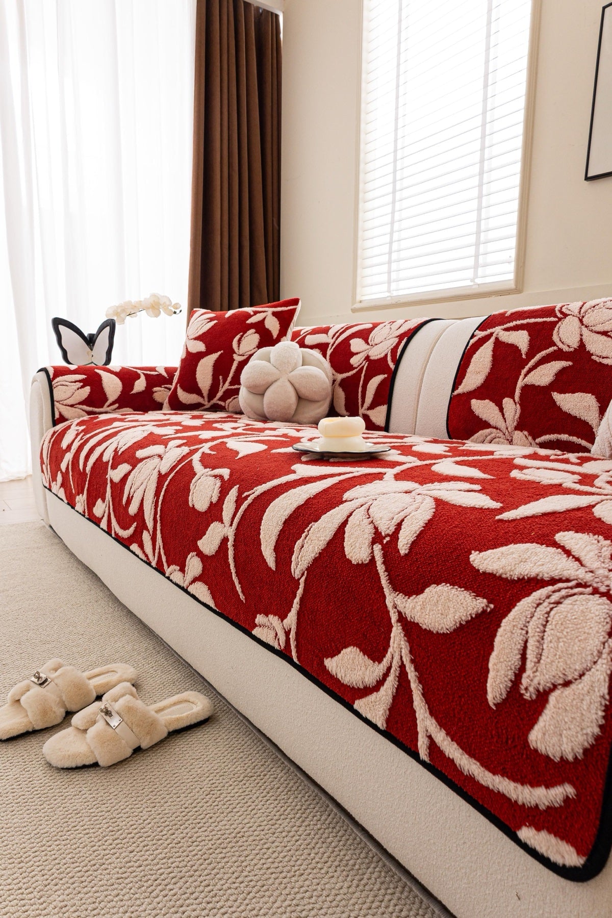 Sofa Decor Willow Quilted Leaf Sofa Seat Cover in Ruby Leaf - styled sofa seat cover for quilted sofa seat covers in the UK