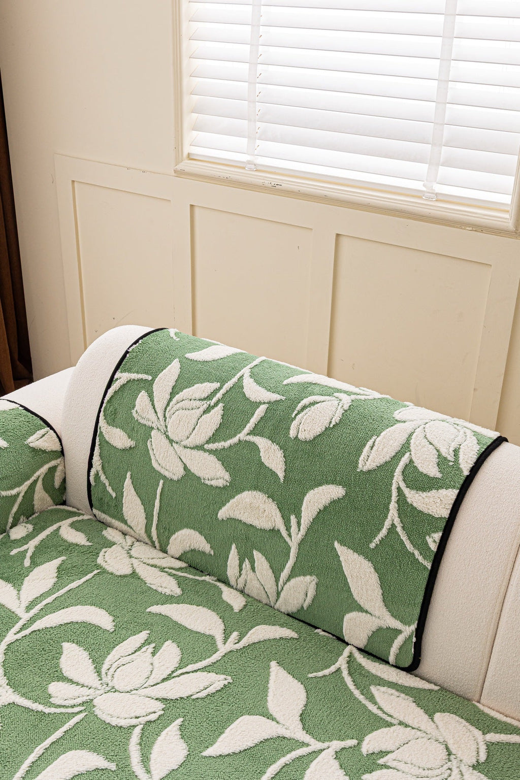 Sofa Decor Willow Quilted Leaf Sofa Seat Cover in Sage Leaf - back cushion fit view for quilted sofa seat covers in the UK