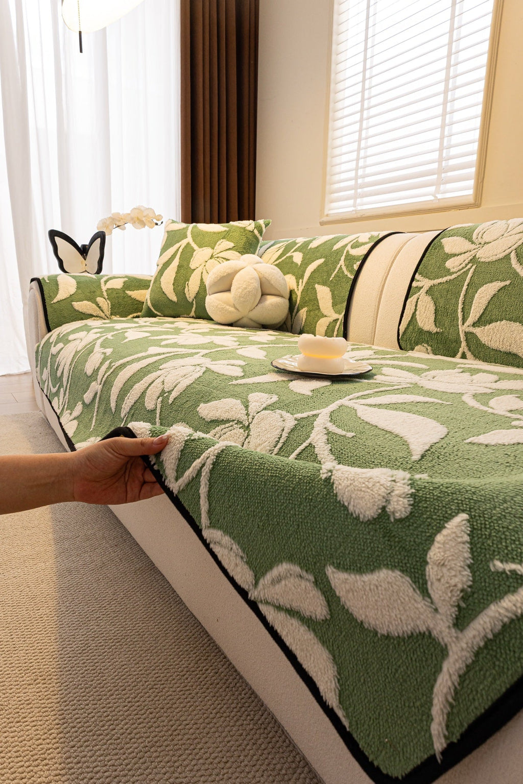 Sofa Decor Willow Quilted Leaf Sofa Seat Cover in Sage Leaf - styled sofa seat cover for quilted sofa seat covers in the UK