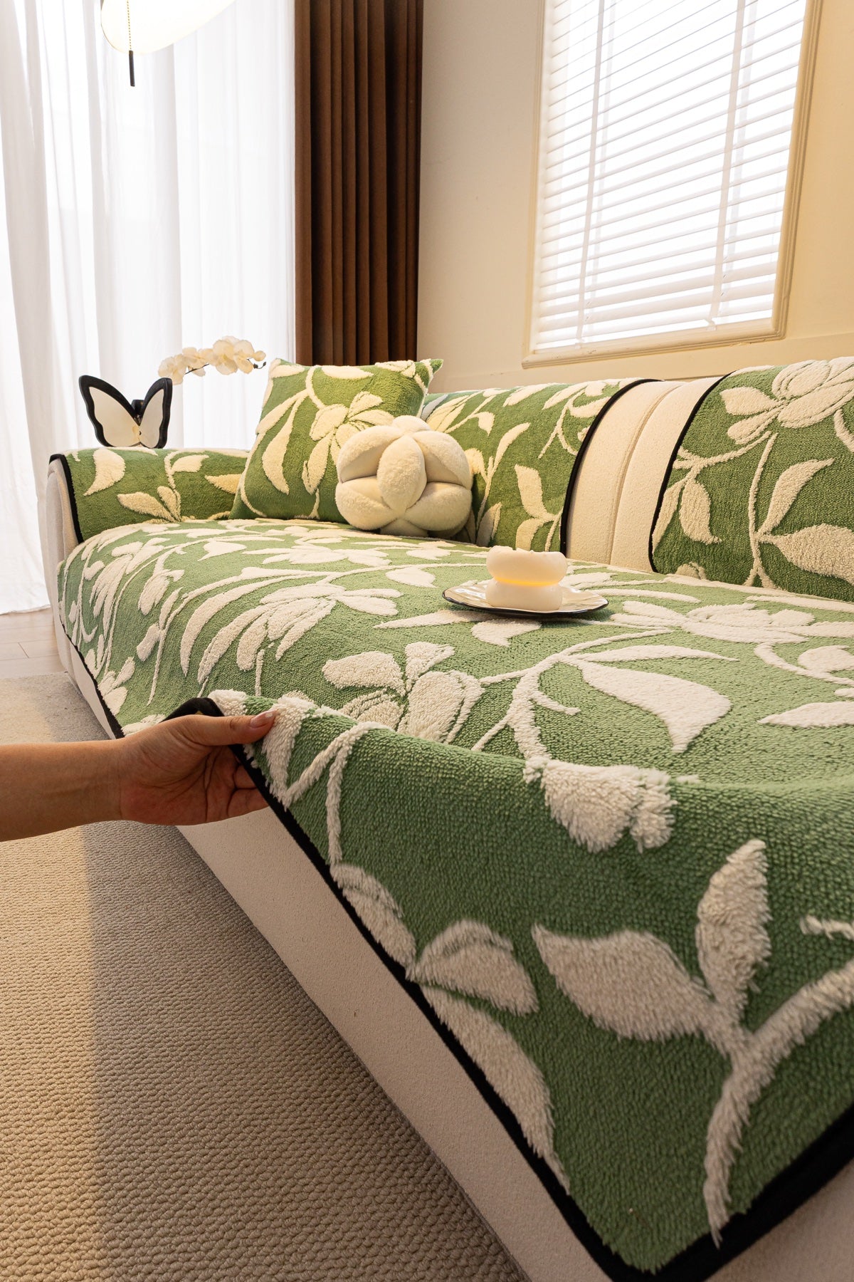 Sofa Decor Willow Quilted Leaf Sofa Seat Cover in Sage Leaf - styled sofa seat cover for quilted sofa seat covers in the UK