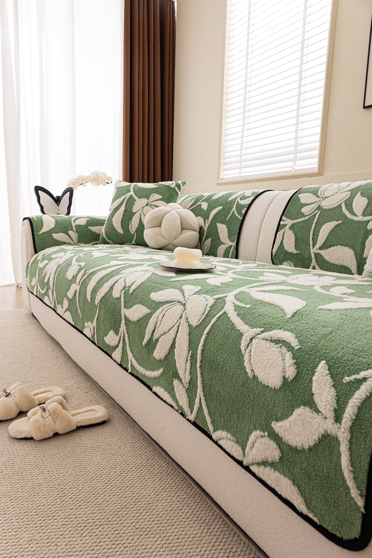 Sofa Decor Willow Quilted Leaf Sofa Seat Cover in Sage Leaf - styled sofa seat cover for quilted sofa seat covers in the UK