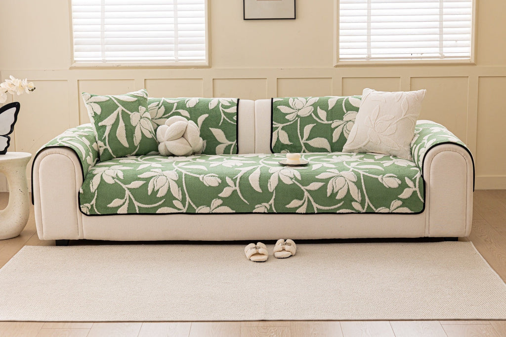 Sofa Decor Willow Quilted Leaf Sofa Seat Cover in Sage Leaf - front sofa fit view for quilted sofa seat covers in the UK