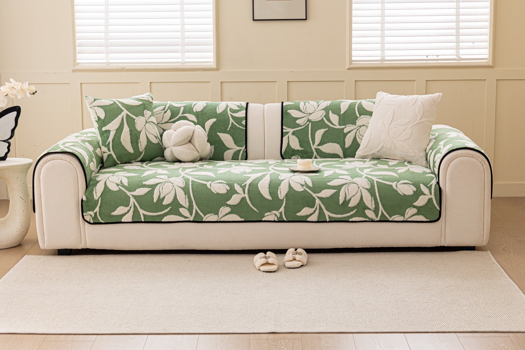 Sofa Decor Willow Quilted Leaf Sofa Seat Cover in Sage Leaf - front sofa fit view for quilted sofa seat covers in the UK