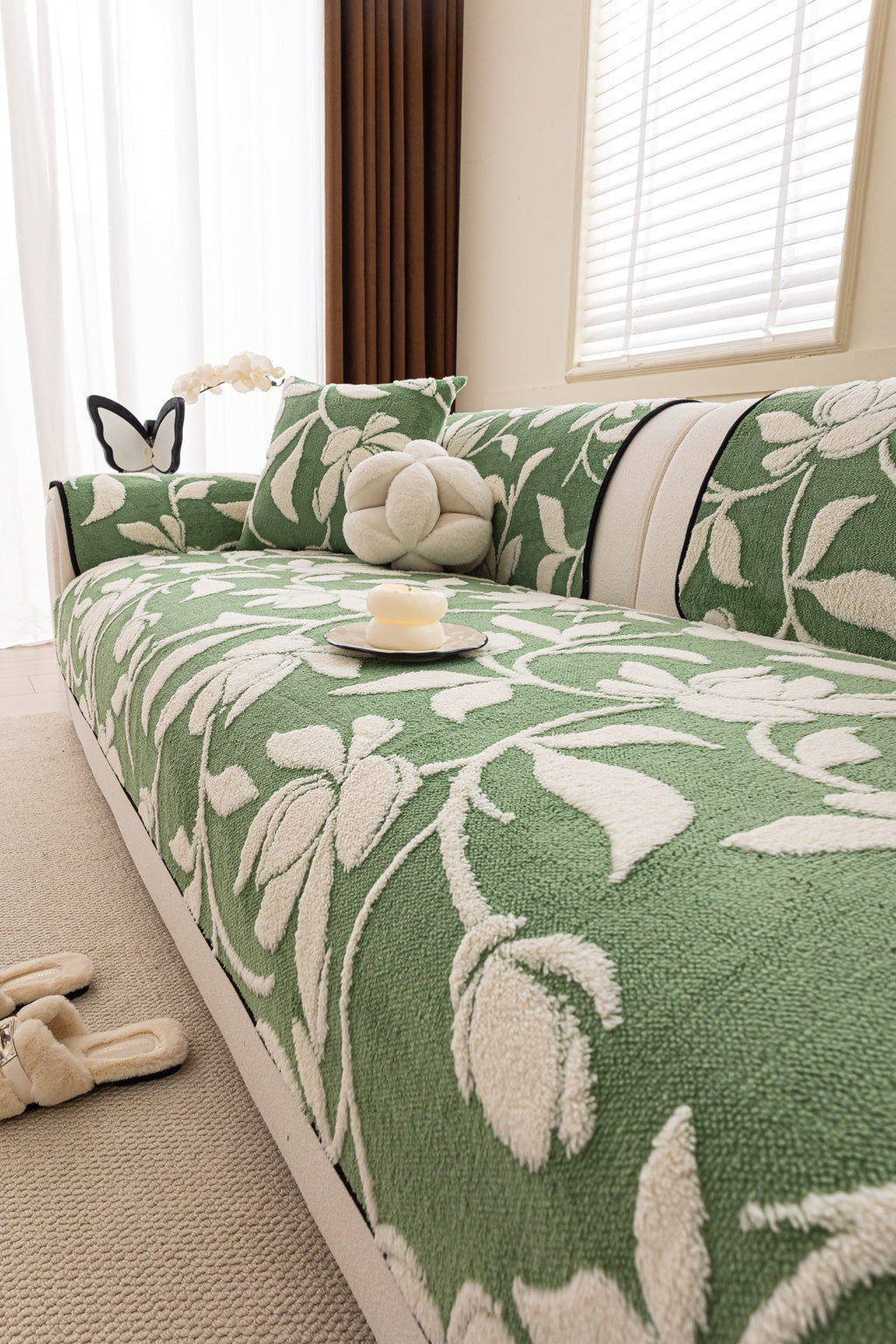 Sofa Decor Willow Quilted Leaf Sofa Seat Cover in Sage Leaf - styled sofa seat cover for quilted sofa seat covers in the UK