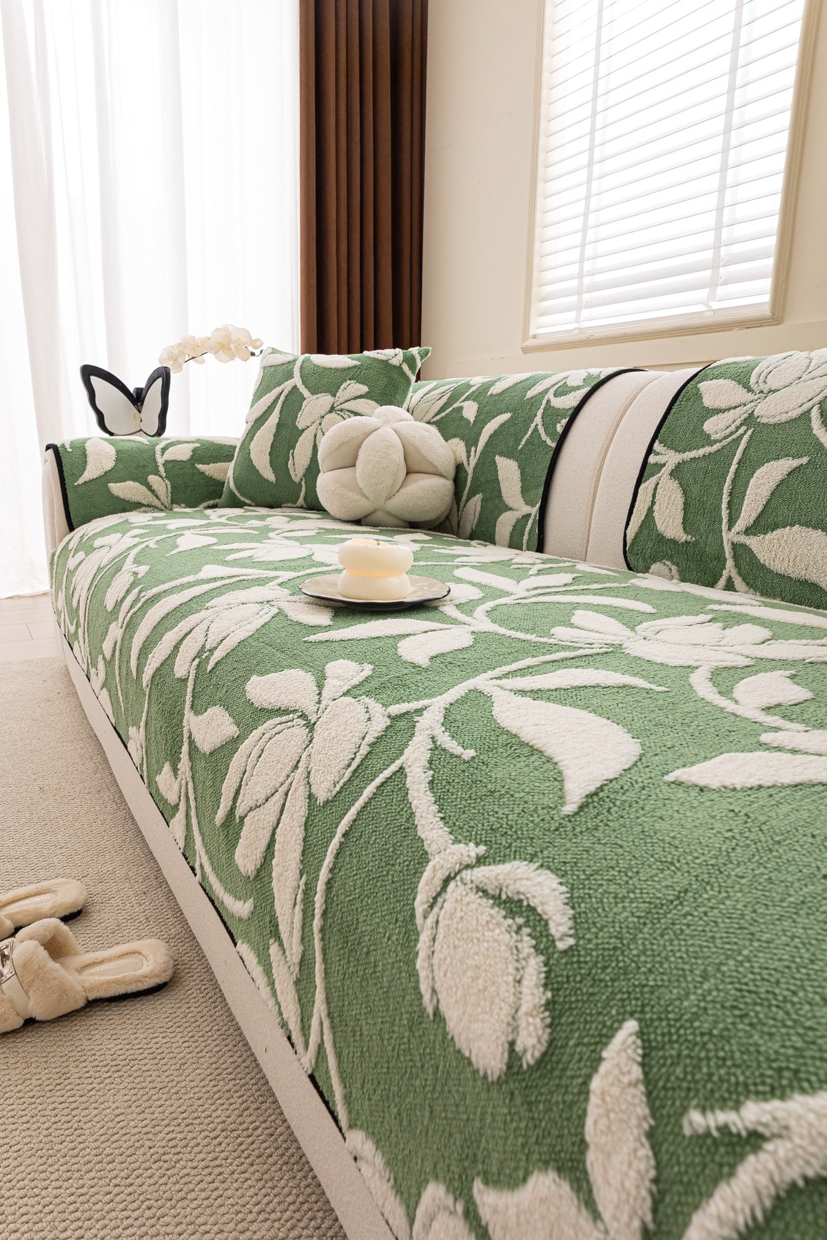 Sofa Decor Willow Quilted Leaf Sofa Seat Cover in Sage Leaf - styled sofa seat cover for quilted sofa seat covers in the UK