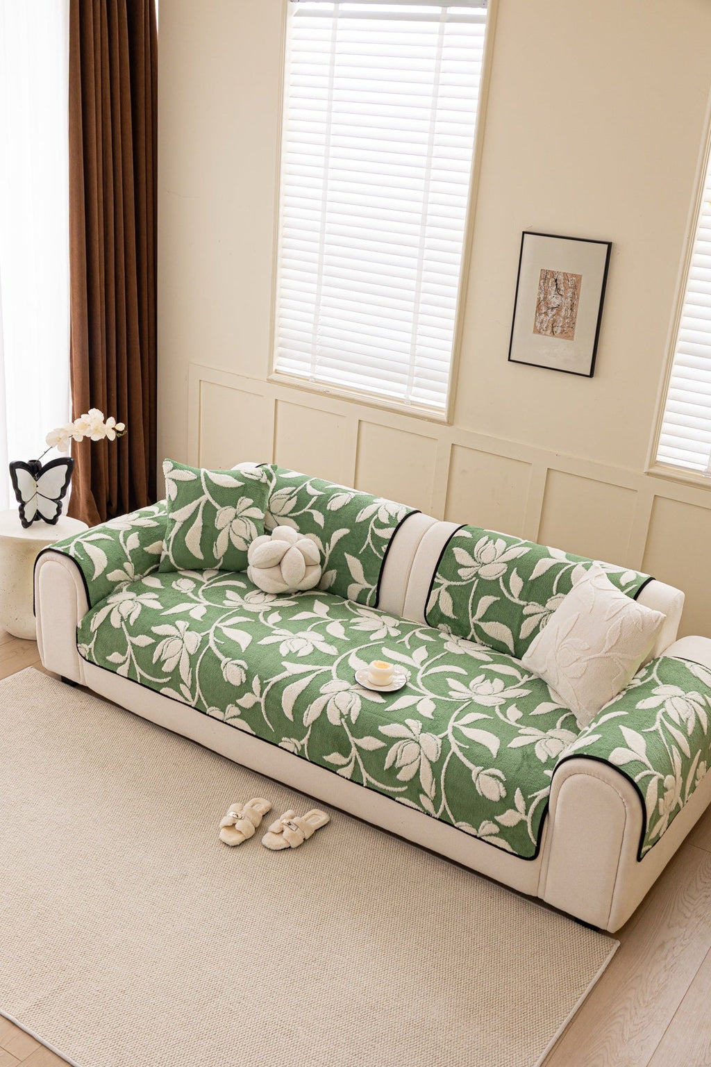 Sofa Decor Willow Quilted Leaf Sofa Seat Cover in Sage Leaf - styled sofa seat cover for quilted sofa seat covers in the UK