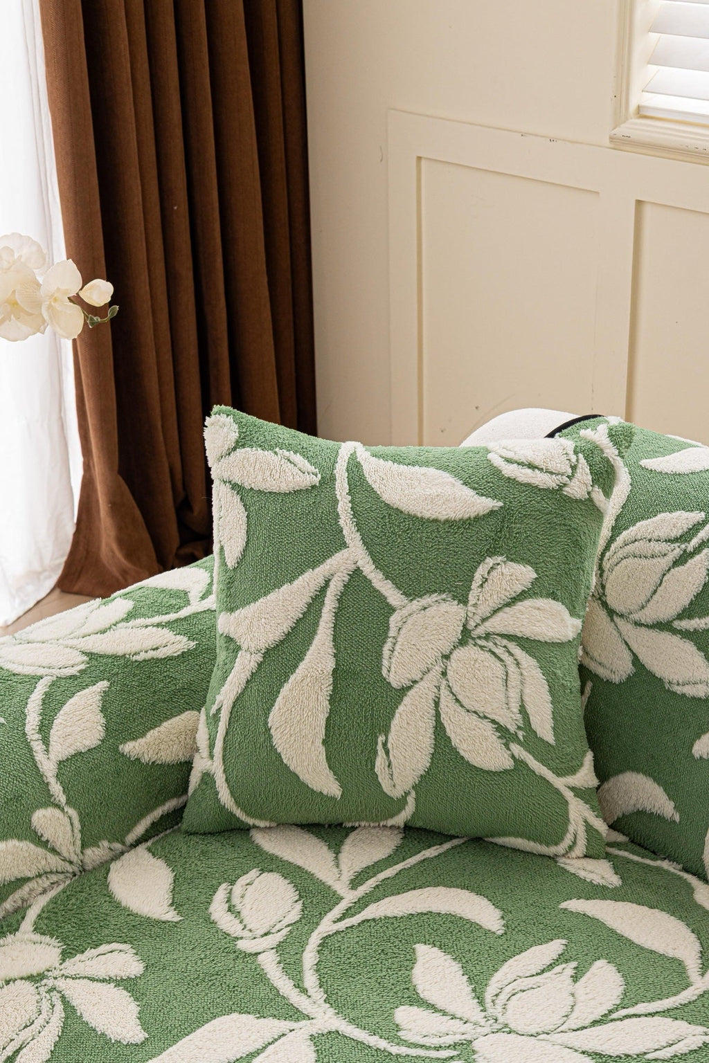 Sofa Decor Willow Quilted Leaf Sofa Seat Cover in Sage Leaf - back cushion fit view for quilted sofa seat covers in the UK
