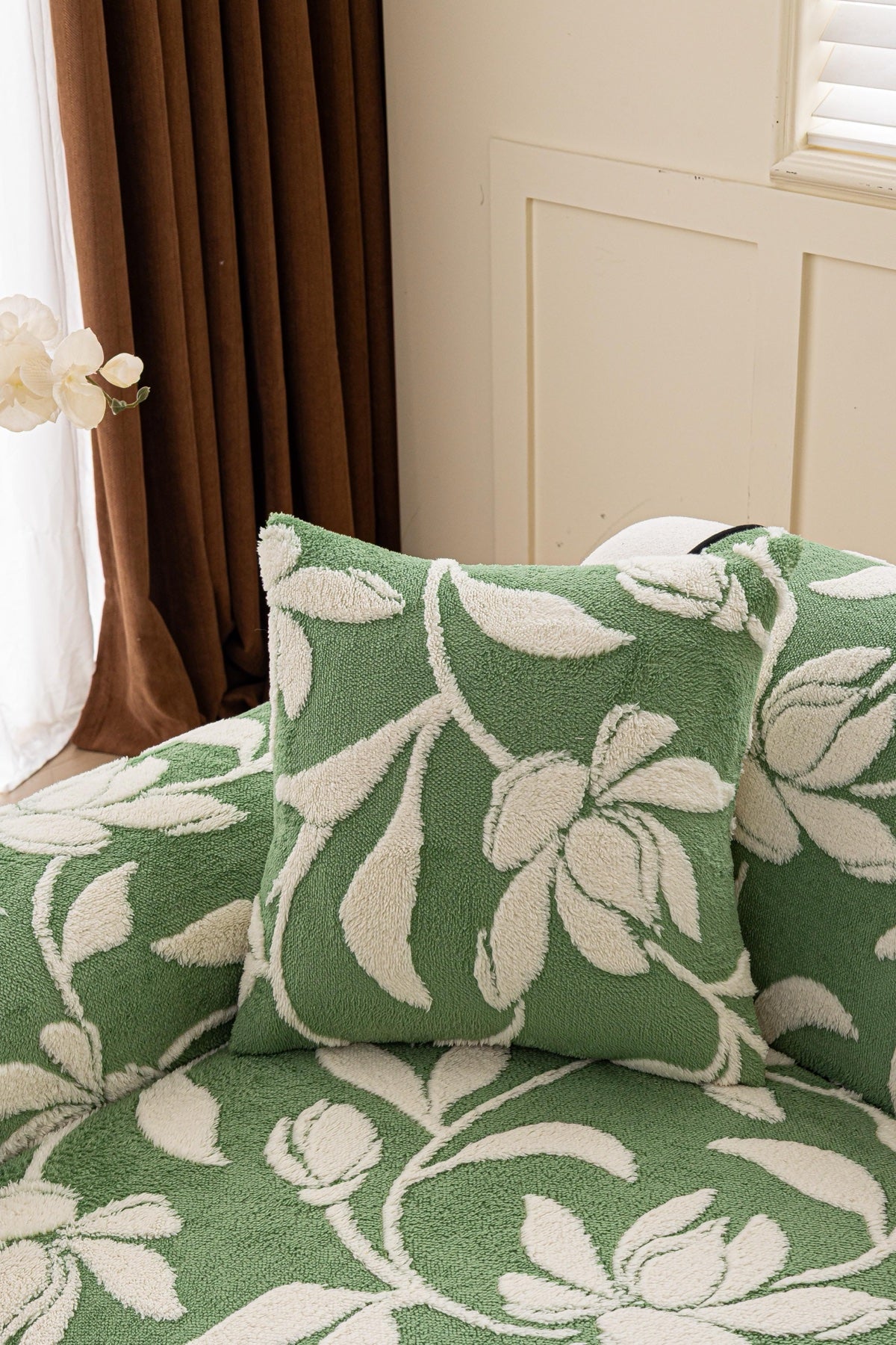 Sofa Decor Willow Quilted Leaf Sofa Seat Cover in Sage Leaf - back cushion fit view for quilted sofa seat covers in the UK