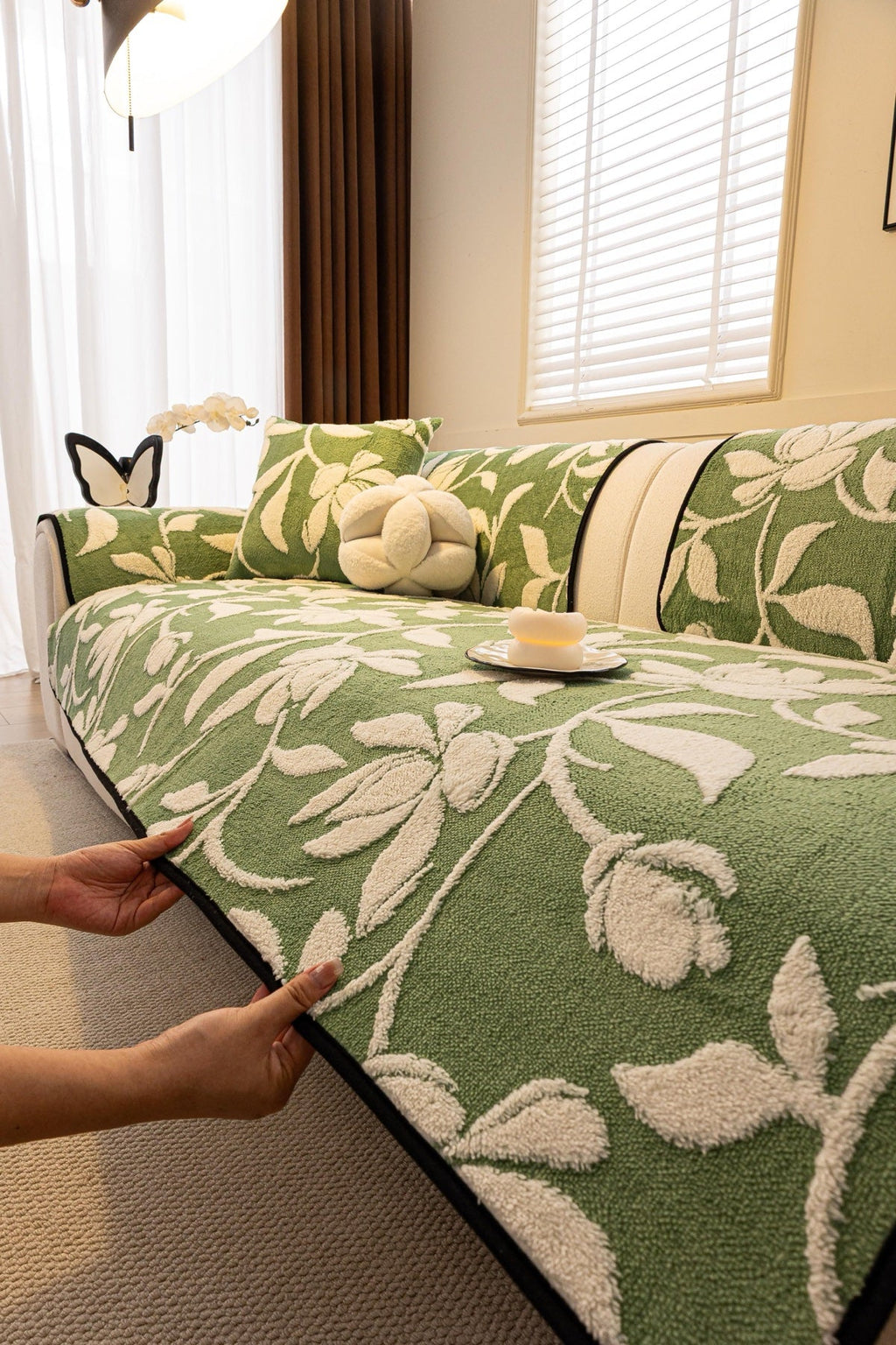 Sofa Decor Willow Quilted Leaf Sofa Seat Cover in Sage Leaf - styled sofa seat cover for quilted sofa seat covers in the UK