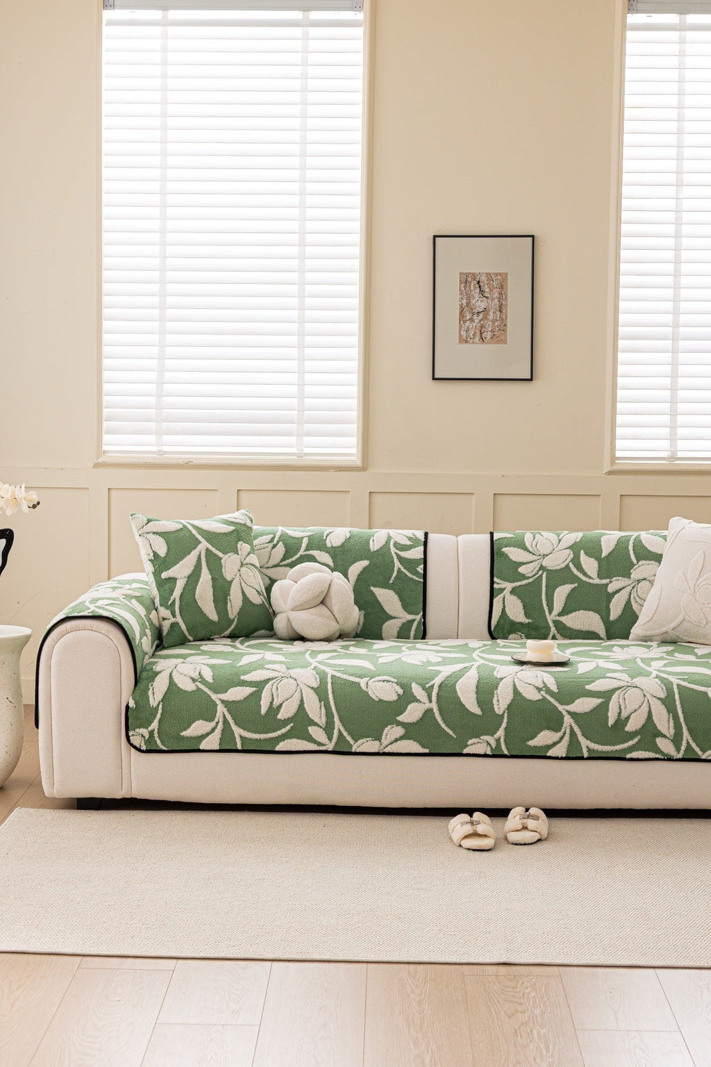 Sofa Decor Willow Quilted Leaf Sofa Seat Cover in Sage Leaf - front sofa fit view for quilted sofa seat covers in the UK