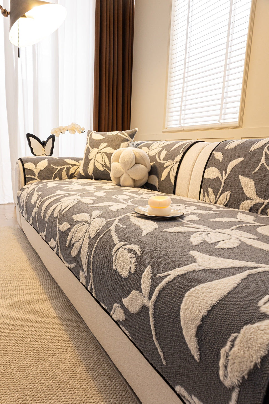 Sofa Decor Willow Quilted Leaf Sofa Seat Cover in Slate Botanical Leaf - styled sofa seat cover for quilted sofa seat covers in the UK