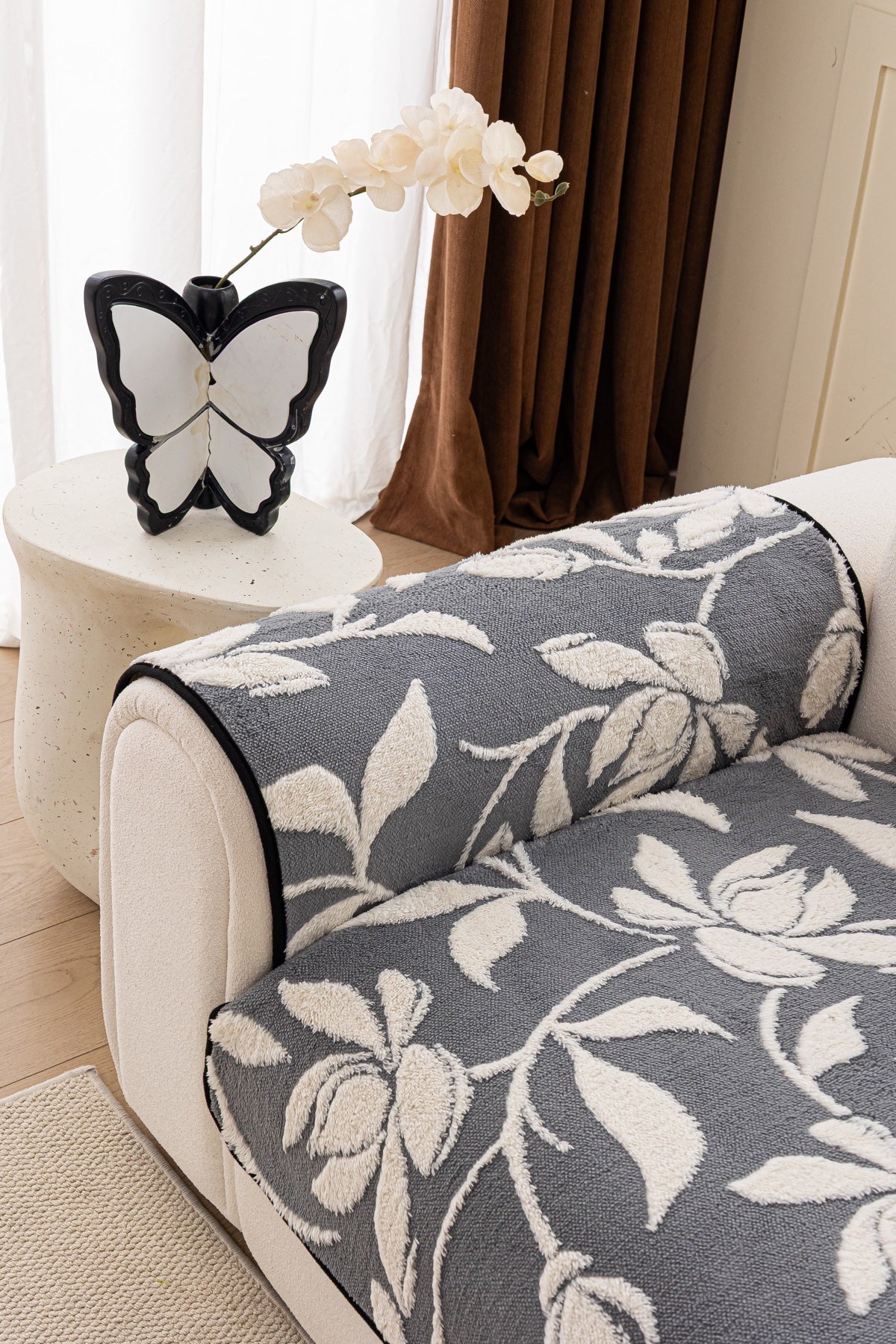 Sofa Decor Willow Quilted Leaf Sofa Seat Cover in Slate Botanical Leaf - back cushion fit view for quilted sofa seat covers in the UK