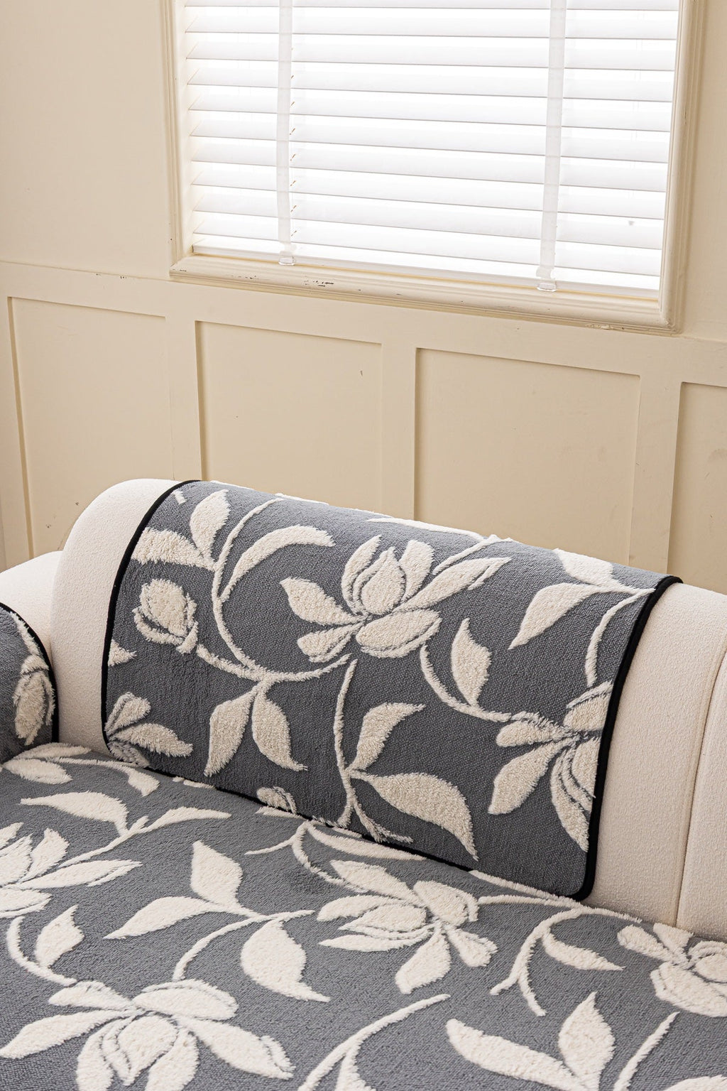 Sofa Decor Willow Quilted Leaf Sofa Seat Cover in Slate Botanical Leaf - back cushion fit view for quilted sofa seat covers in the UK