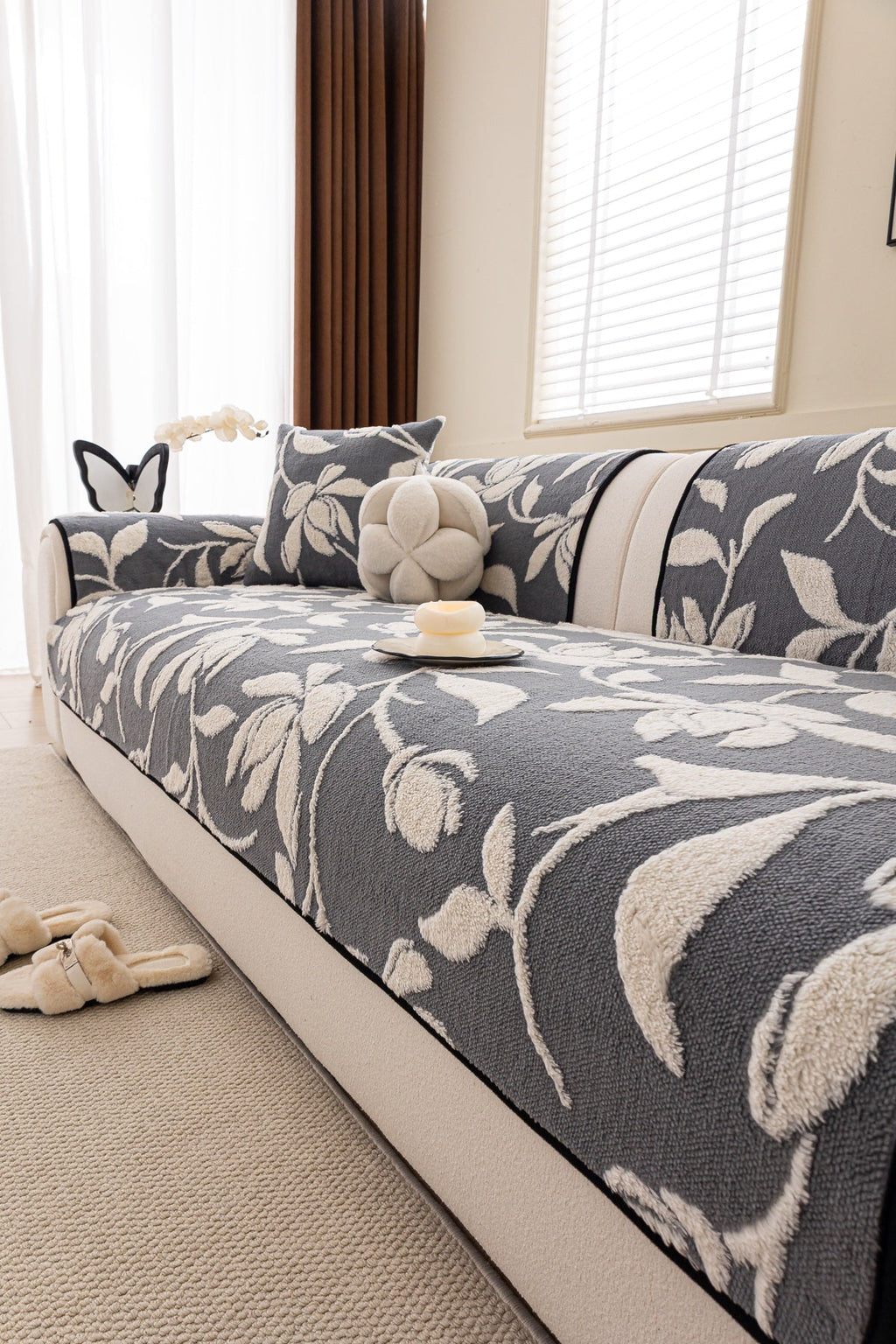 Sofa Decor Willow Quilted Leaf Sofa Seat Cover in Slate Botanical Leaf - styled sofa seat cover for quilted sofa seat covers in the UK