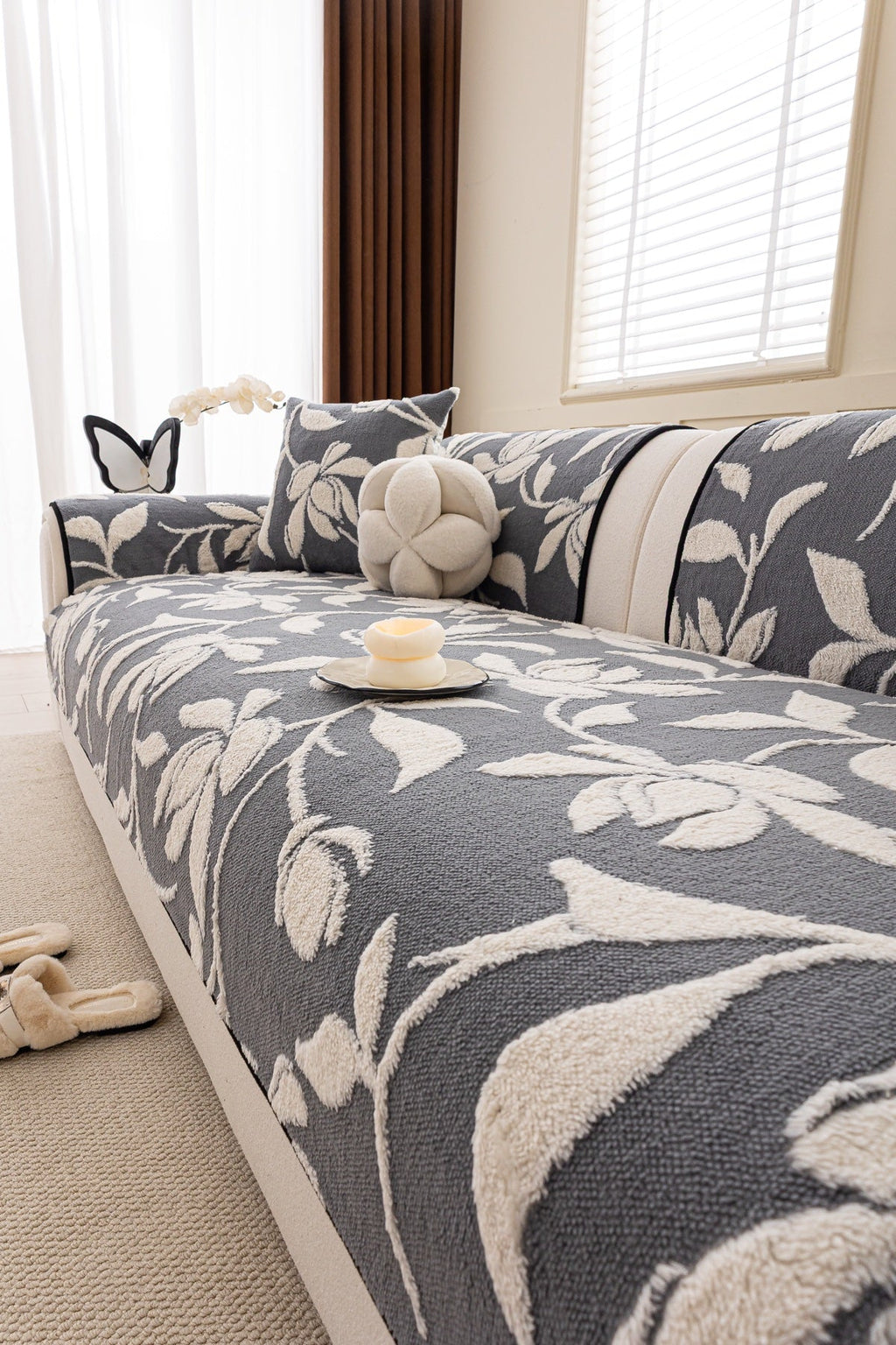 Sofa Decor Willow Quilted Leaf Sofa Seat Cover in Slate Botanical Leaf - styled sofa seat cover for quilted sofa seat covers in the UK