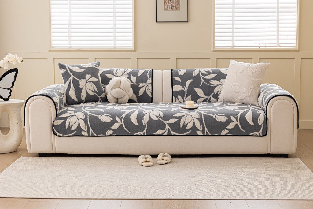 Sofa Decor Willow Quilted Leaf Sofa Seat Cover in Slate Botanical Leaf - front sofa fit view for quilted sofa seat covers in the UK