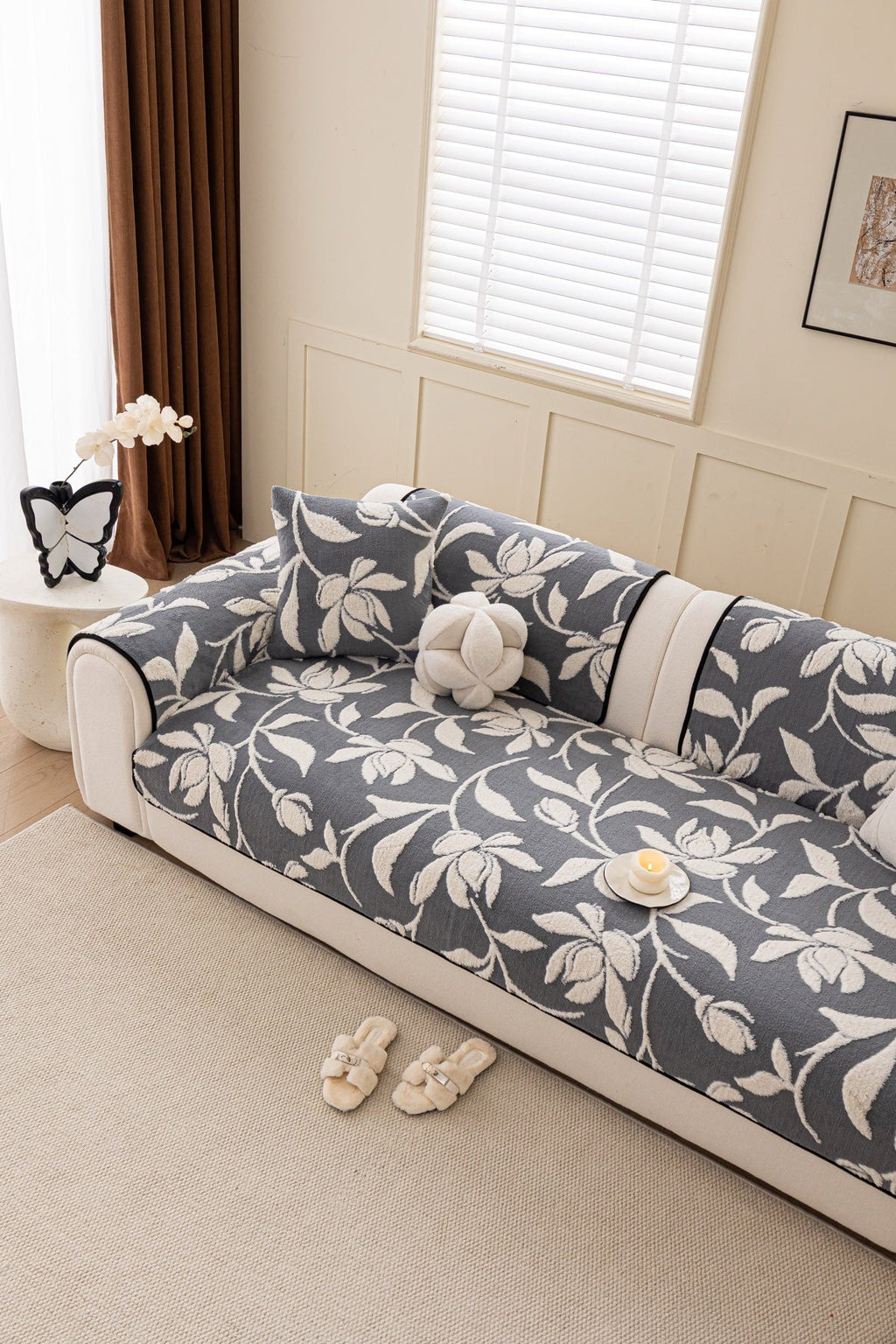 Sofa Decor Willow Quilted Leaf Sofa Seat Cover in Slate Botanical Leaf - styled sofa seat cover for quilted sofa seat covers in the UK