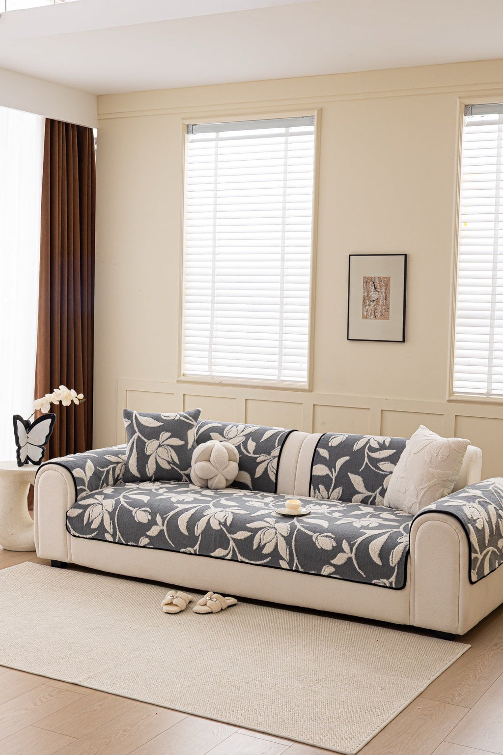Sofa Decor Willow Quilted Leaf Sofa Seat Cover in Slate Botanical Leaf - styled sofa seat cover for quilted sofa seat covers in the UK
