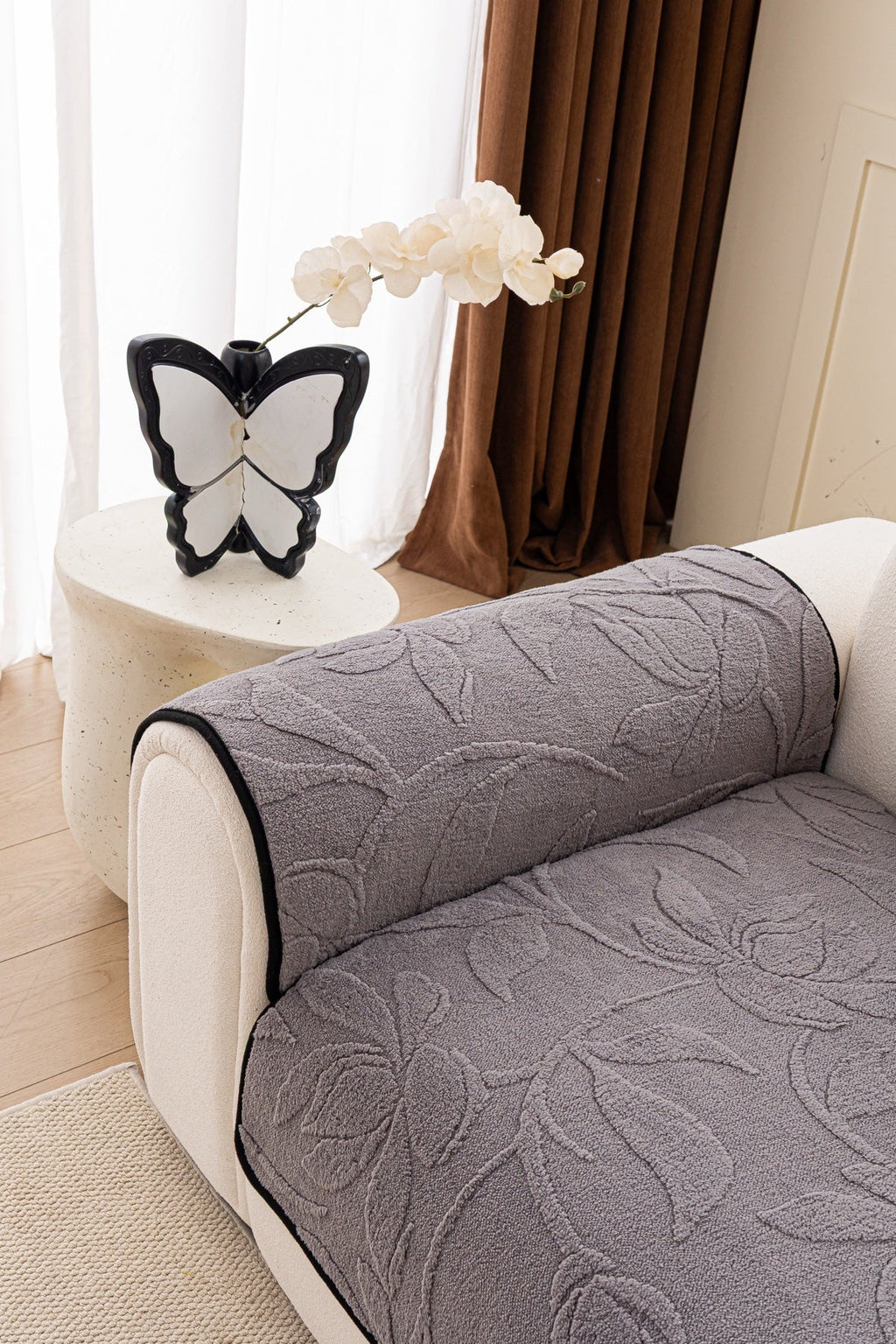 Sofa Decor Willow Quilted Leaf Sofa Seat Cover in Smoke Grey Leaf - back cushion fit view for quilted sofa seat covers in the UK
