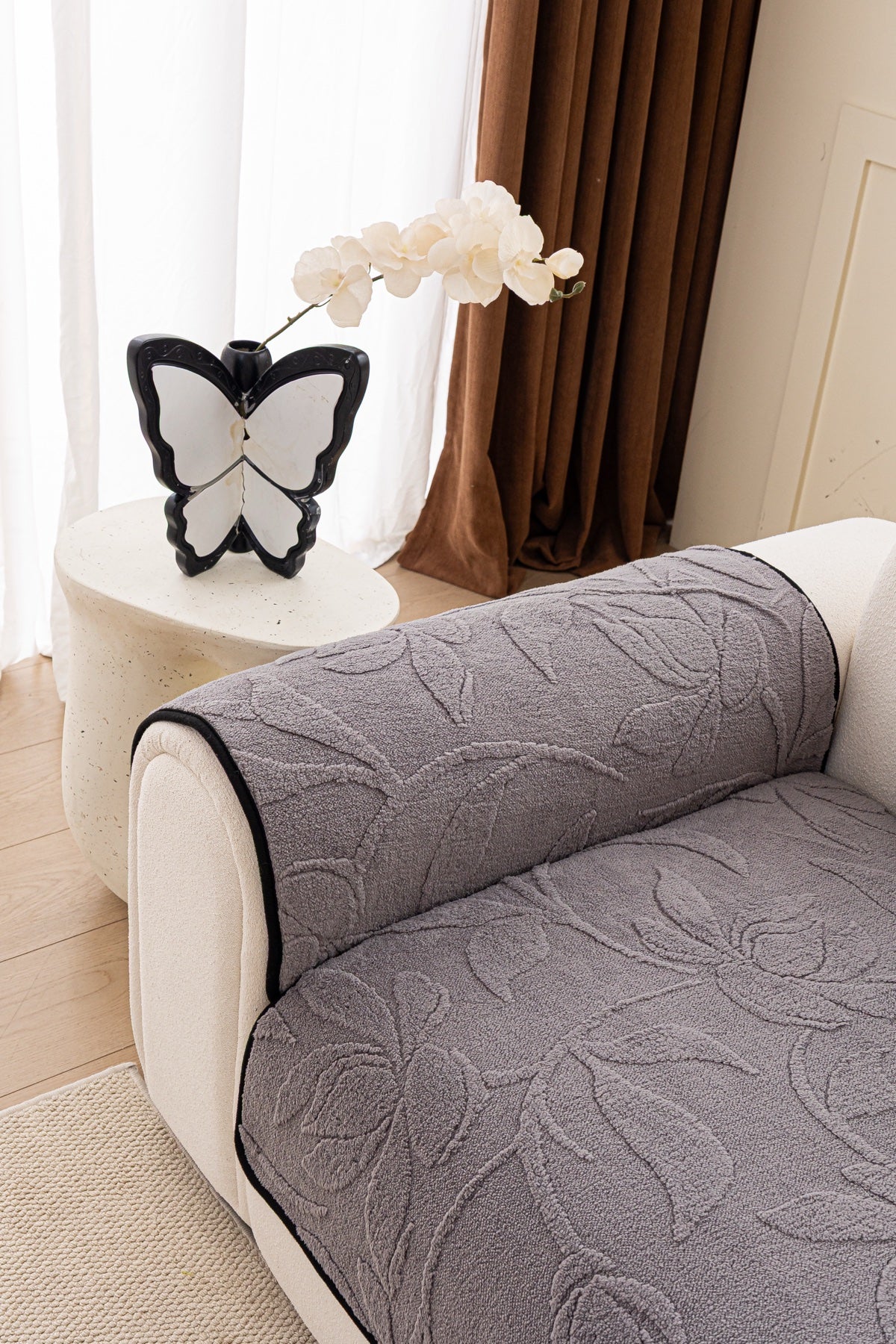 Sofa Decor Willow Quilted Leaf Sofa Seat Cover in Smoke Grey Leaf - back cushion fit view for quilted sofa seat covers in the UK