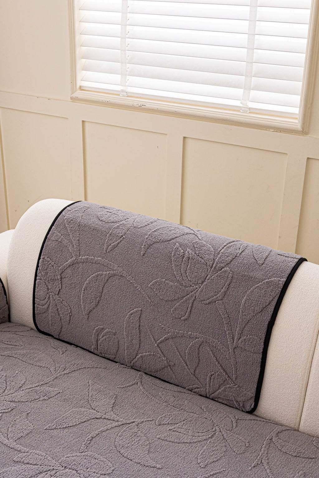 Sofa Decor Willow Quilted Leaf Sofa Seat Cover in Smoke Grey Leaf - back cushion fit view for quilted sofa seat covers in the UK