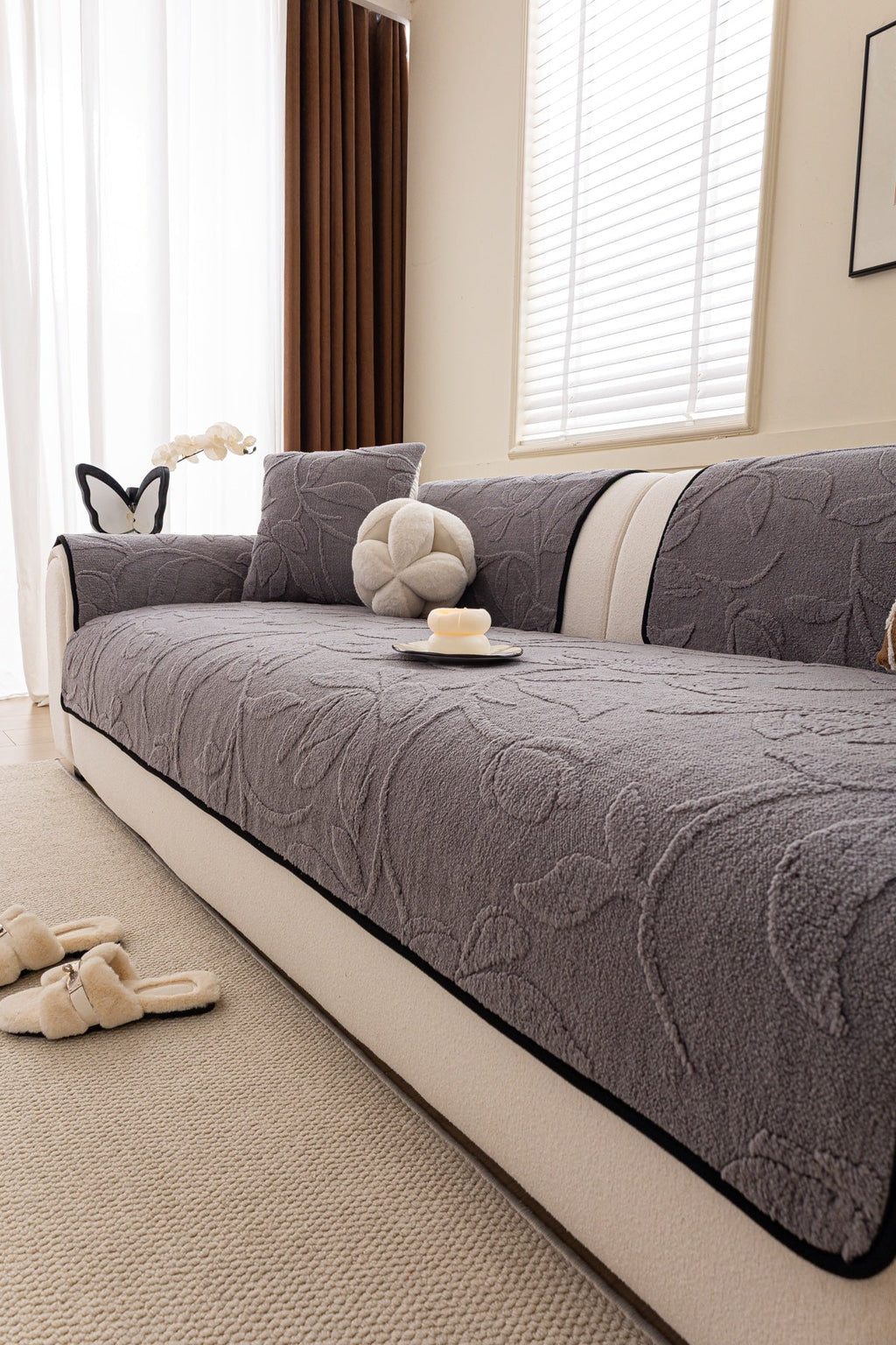 Sofa Decor Willow Quilted Leaf Sofa Seat Cover in Smoke Grey Leaf - styled sofa seat cover for quilted sofa seat covers in the UK