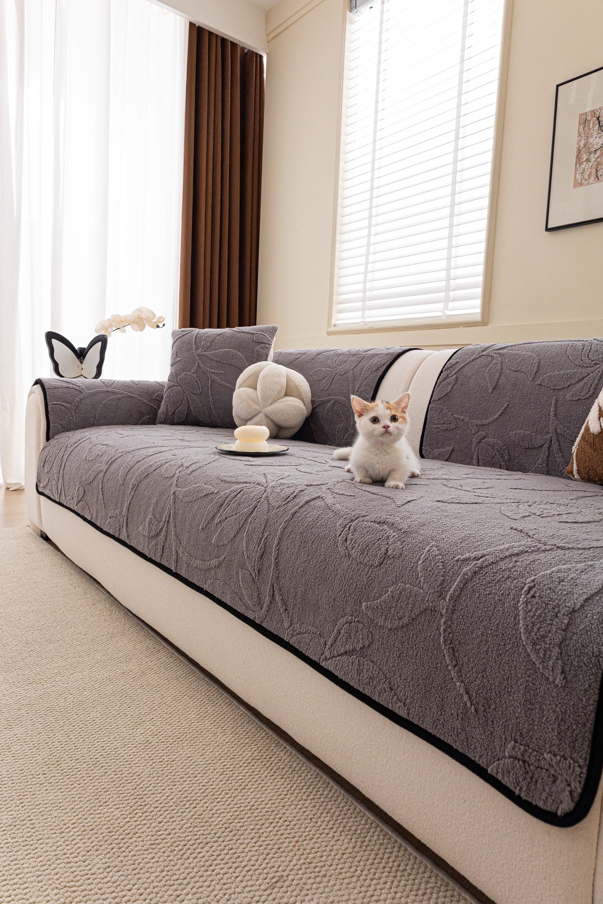 Sofa Decor Willow Quilted Leaf Sofa Seat Cover in Smoke Grey Leaf - pet-friendly sofa styling for quilted sofa seat covers in the UK