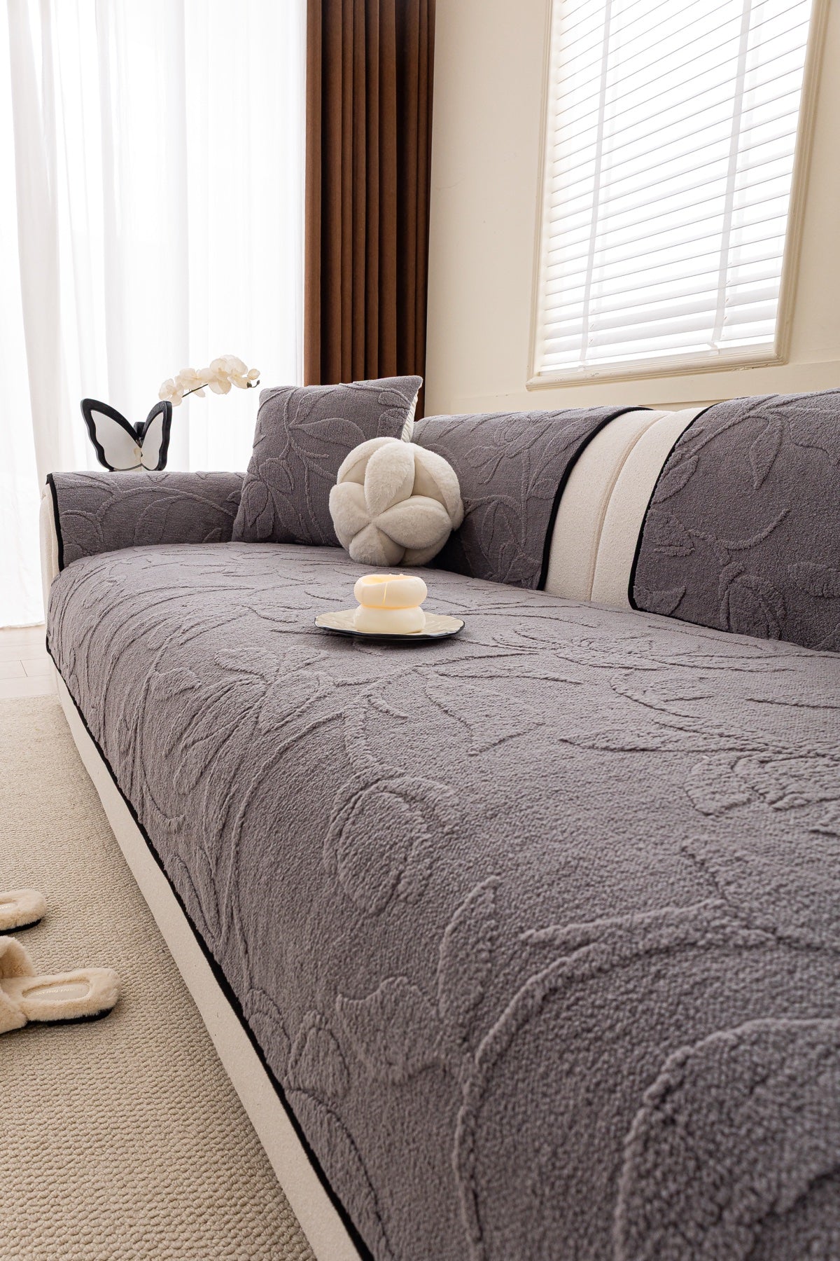 Sofa Decor Willow Quilted Leaf Sofa Seat Cover in Smoke Grey Leaf - styled sofa seat cover for quilted sofa seat covers in the UK