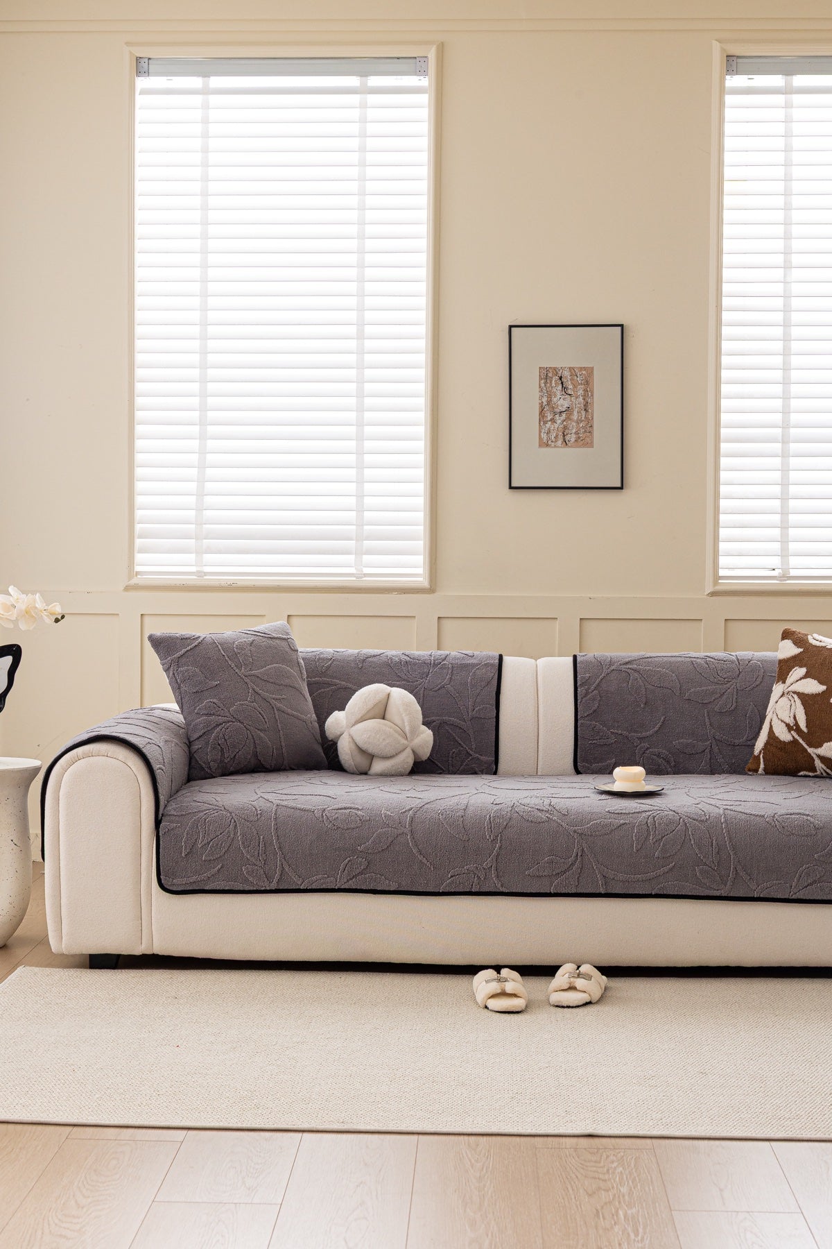 Sofa Decor Willow Quilted Leaf Sofa Seat Cover in Smoke Grey Leaf - styled sofa seat cover for quilted sofa seat covers in the UK