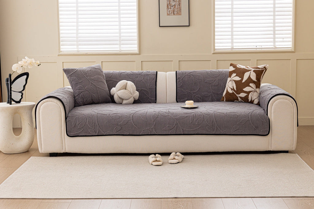 Sofa Decor Willow Quilted Leaf Sofa Seat Cover in Smoke Grey Leaf - front sofa fit view for quilted sofa seat covers in the UK