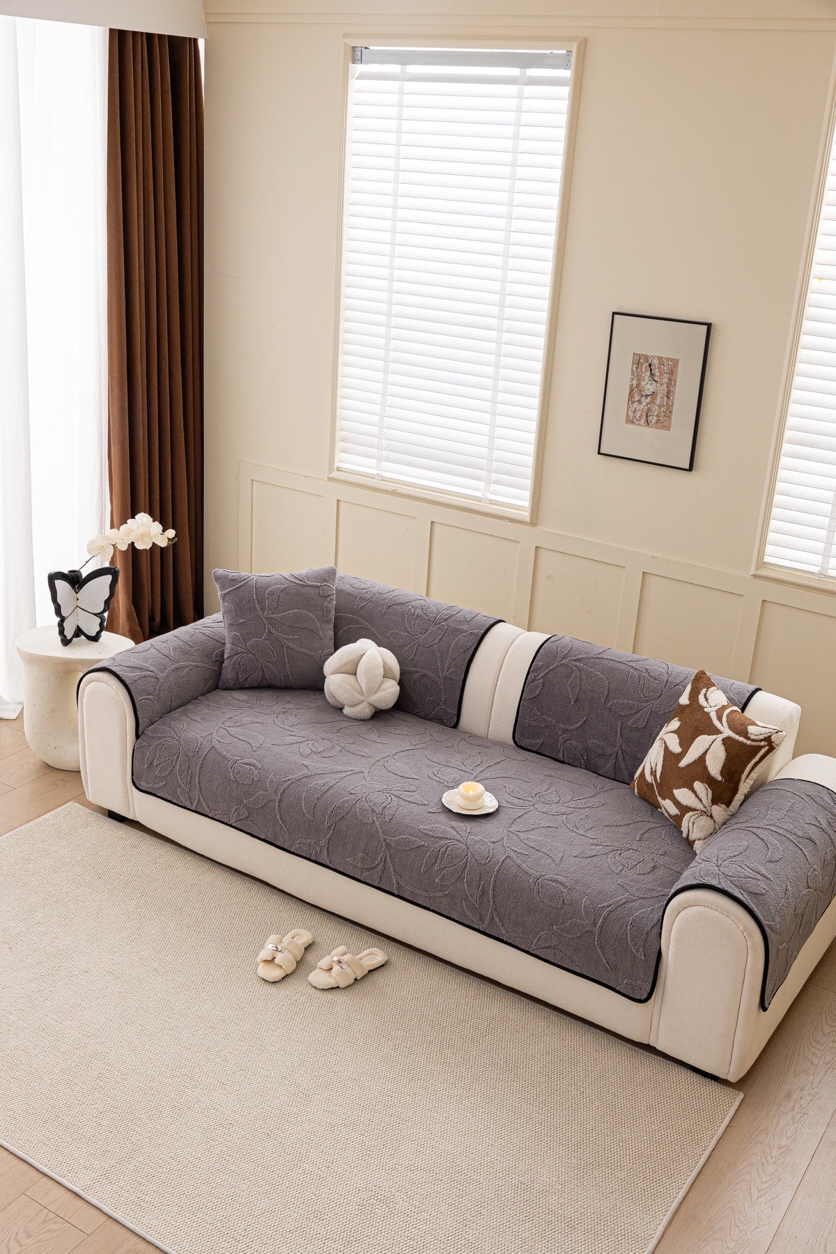 Sofa Decor Willow Quilted Leaf Sofa Seat Cover in Smoke Grey Leaf - front sofa fit view for quilted sofa seat covers in the UK