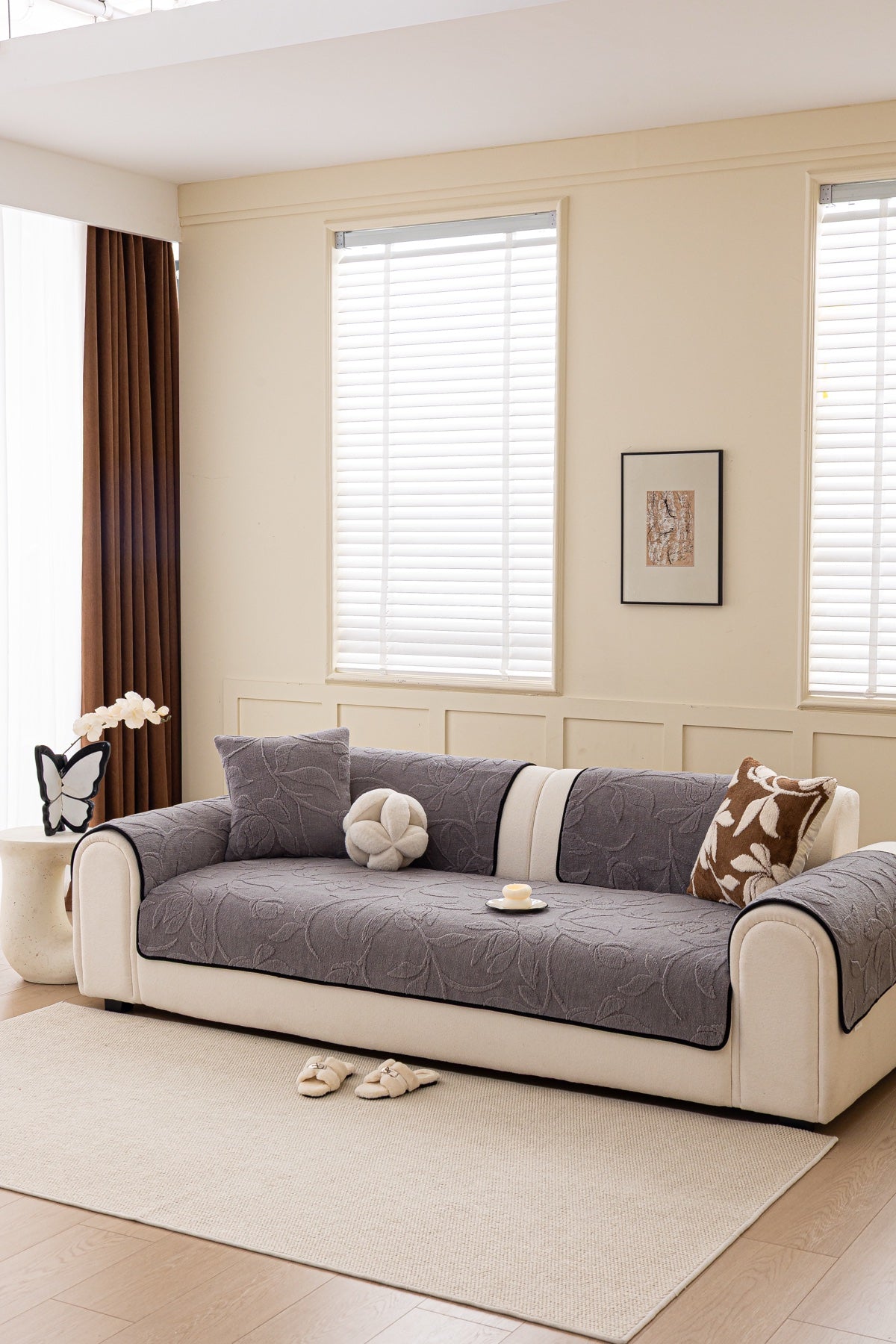 Sofa Decor Willow Quilted Leaf Sofa Seat Cover in Smoke Grey Leaf - styled sofa seat cover for quilted sofa seat covers in the UK