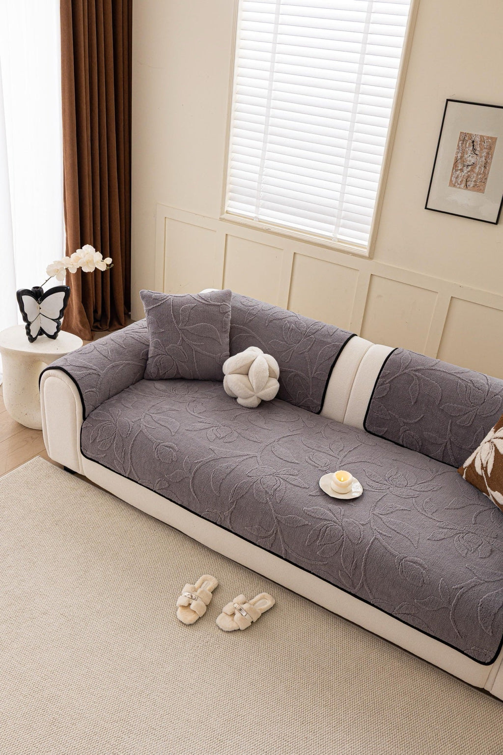 Sofa Decor Willow Quilted Leaf Sofa Seat Cover in Smoke Grey Leaf - styled sofa seat cover for quilted sofa seat covers in the UK