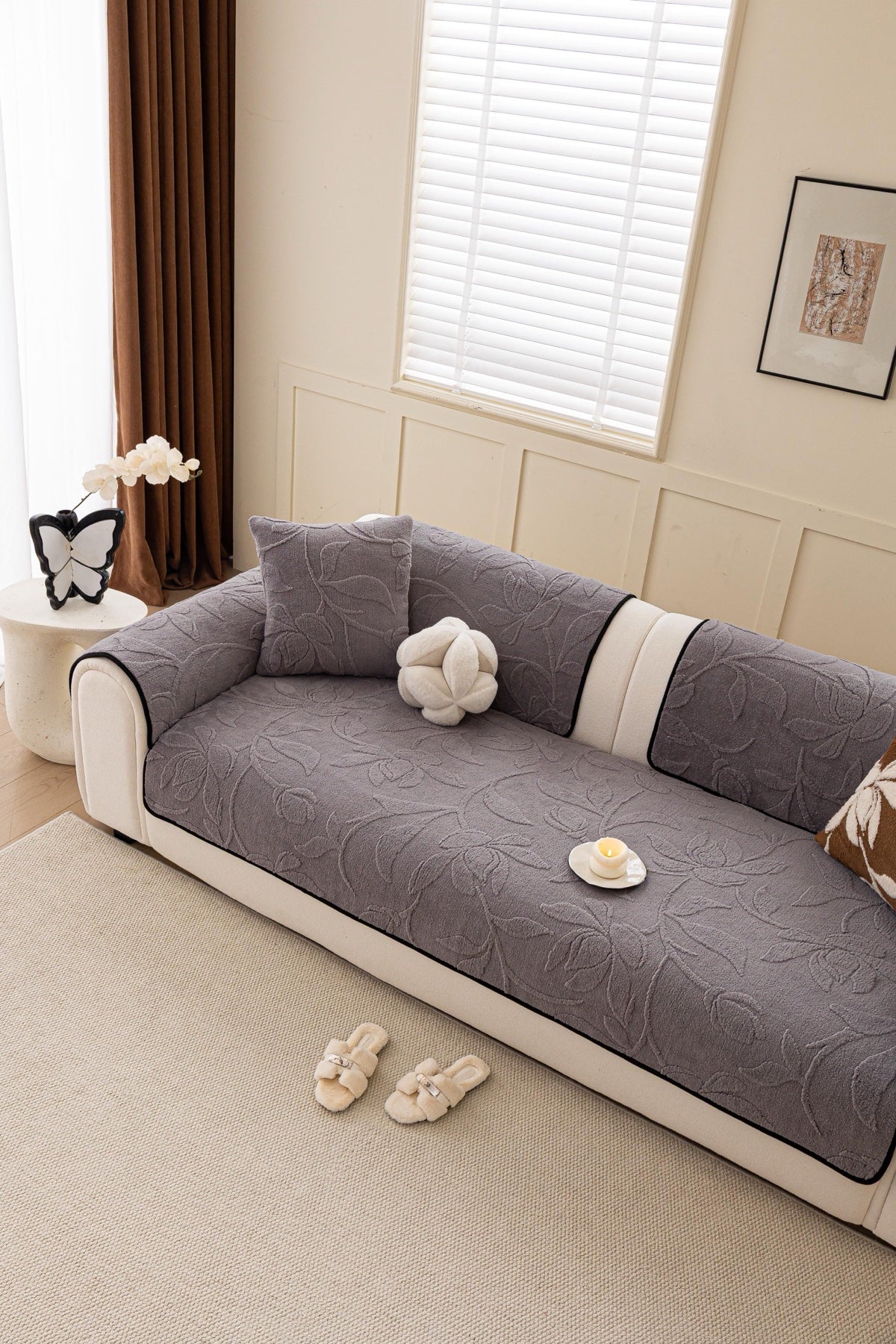 Sofa Decor Willow Quilted Leaf Sofa Seat Cover in Smoke Grey Leaf - styled sofa seat cover for quilted sofa seat covers in the UK